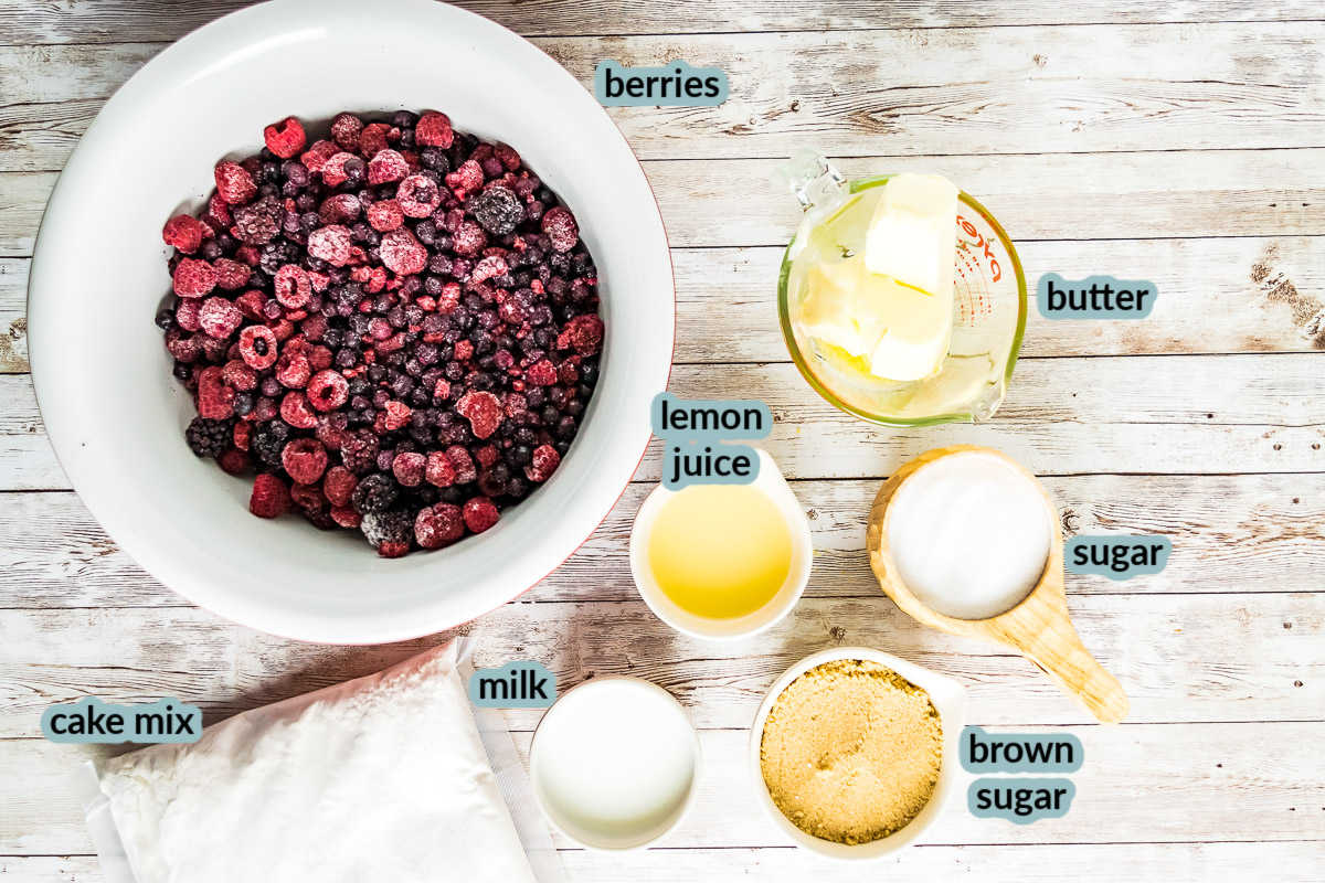 Ingredients for cobbler like berries butter lemon juice sugar brown sugar