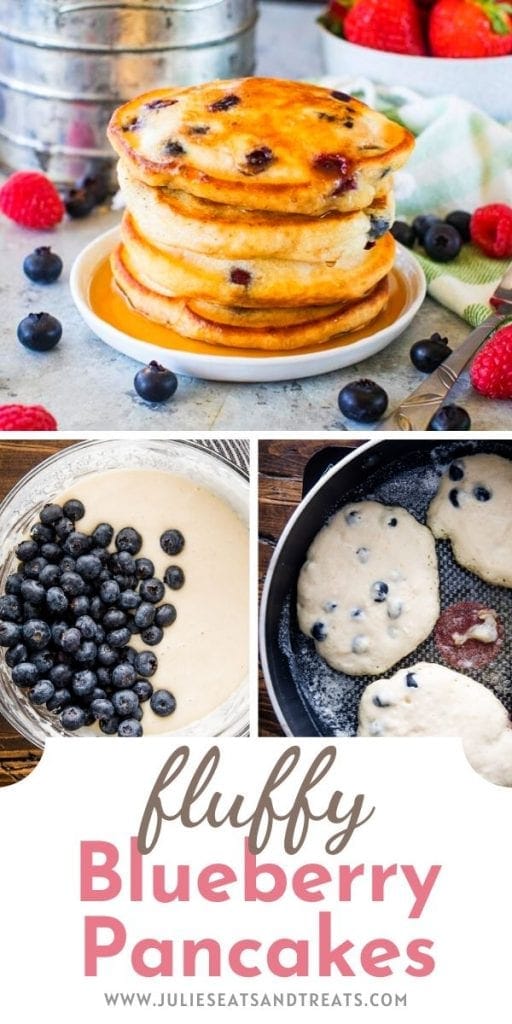 Pin Image with a picture of a stack of blueberry pancakes on top then a bowl of batter and pancakes frying in skillet. Text overlay of recipe name on bottom.