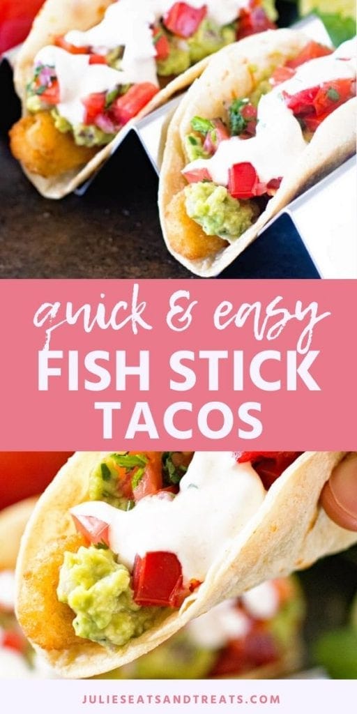 Pin Collage for Fish Tacos. Side view of fish tacos on a metal stand on top, on bottom a hand holding a fish stick taco