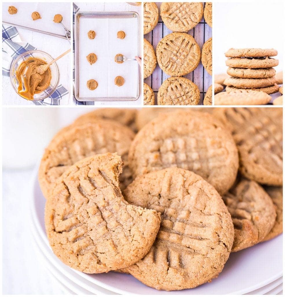 Collage of images showing ingredients mixed cookes on baking sheet and on a platter