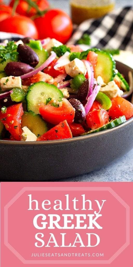 Pinterest Image for Greek Salad with photo of salad in a bowl on top and text overlay with recipe name on bottom with pink background