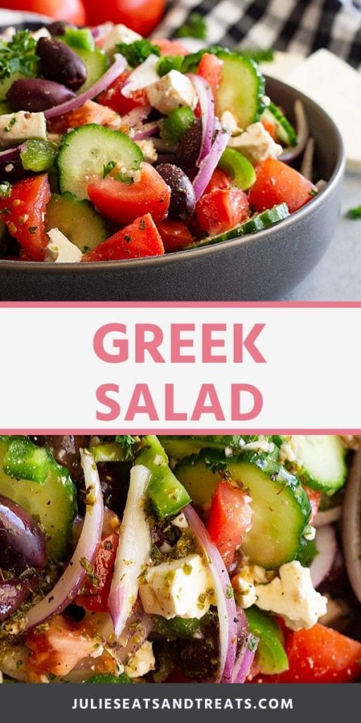 Pinterest collage image with a gray bowl of greek salad on top photo with text overlay Greek Salad in pink on white background and a very close up photo of salad in bottom photo