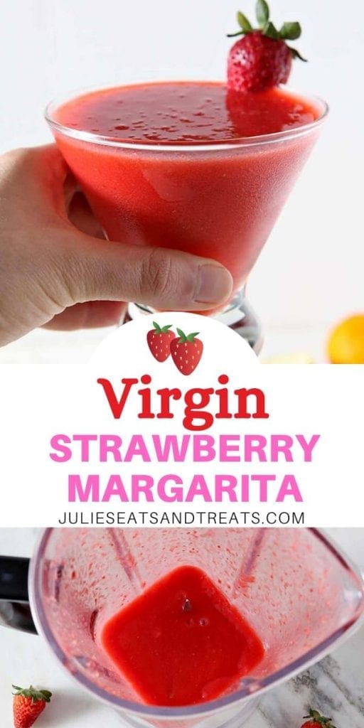 Collage with top image of a glass of virgin strawberry margarita n a glass, bottom image of virgin strawberry margaritas in a blender. Middle banner reading virgin strawberry margarita with an image of two strawberries.