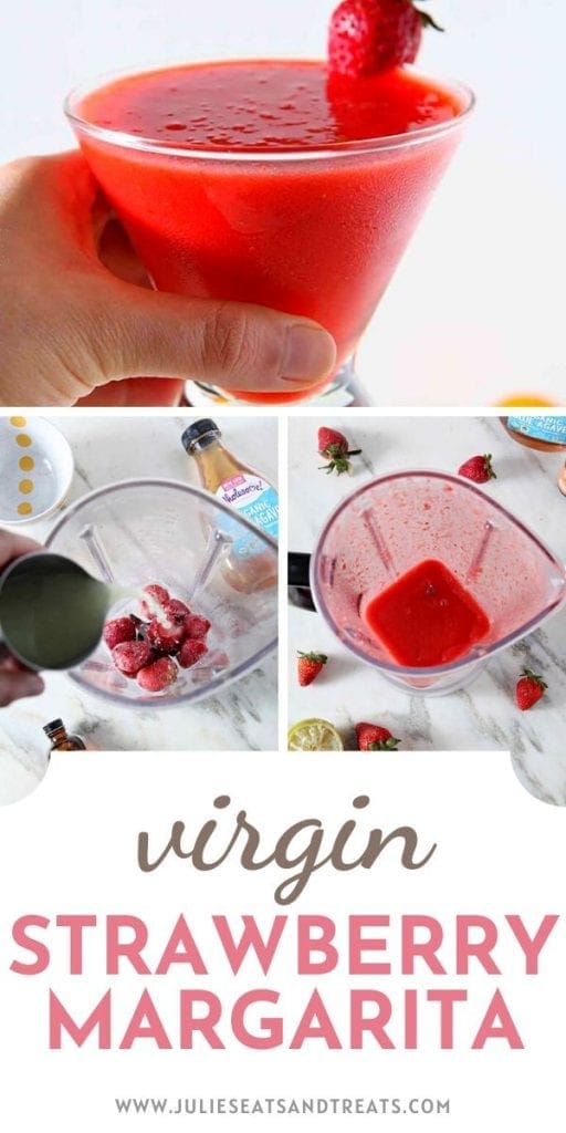 Pinterest image with text saying Virgin Strawberry Margarita on bottom and a collage of three pictures showing finished margarita and blending the margarita
