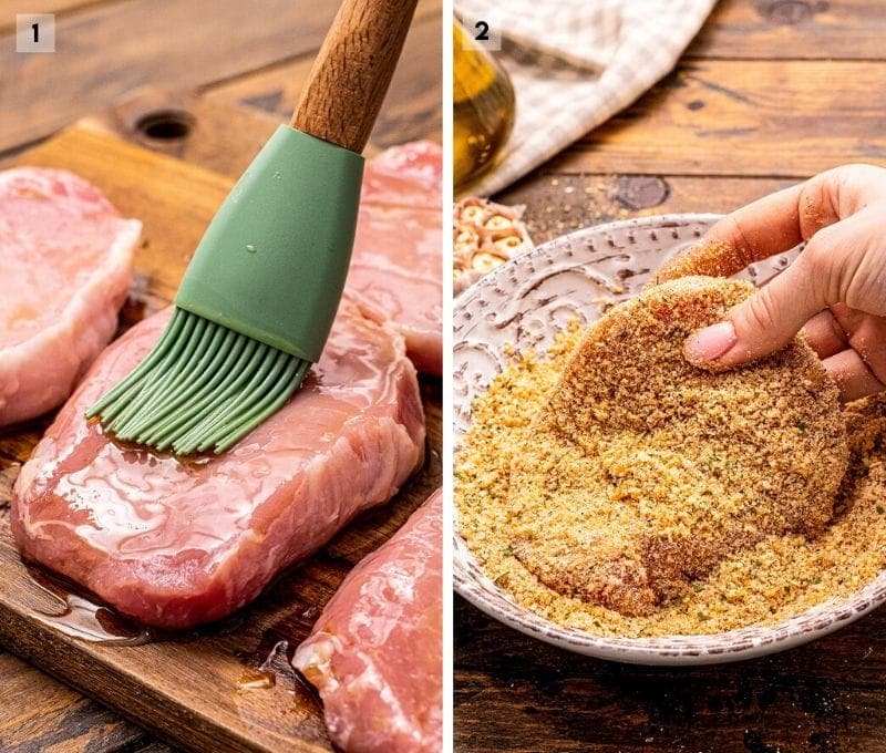 Two image collage showing pork chops being brushed with oil and then being breaded