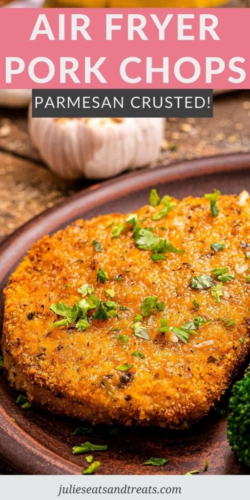 Air Fryer Pork chop on a plate with garlic in the background