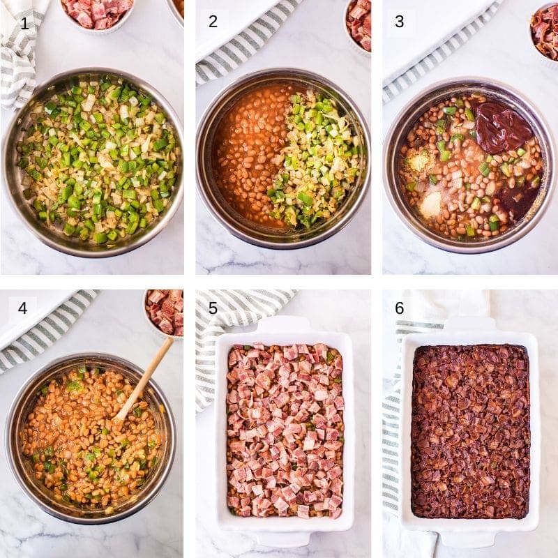 Collage of six photos showing how to make baked beans