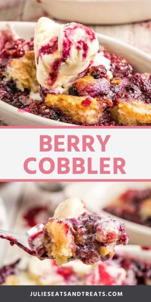 Triple Berry Cobbler Collage. Top image of a white dish holding berry cobbler topped with a scoop of vanilla ice cream, bottom image of a bite of berry cobbler on a fork