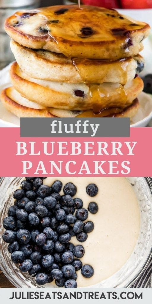 Pinterest Image with a stack of blueberry pancakes on top, text overlay with recipe name in middle and a bowl of batter with blueberries on the bottom