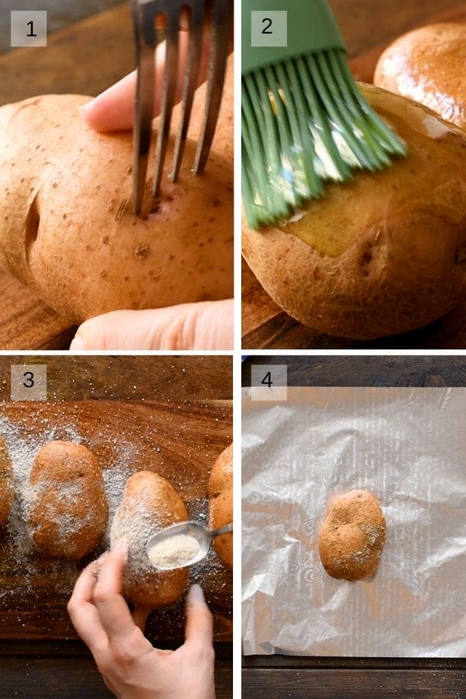 Collage of four pictures showing to pierce potato, brush with olive oil, season and wrap in aluminum foil