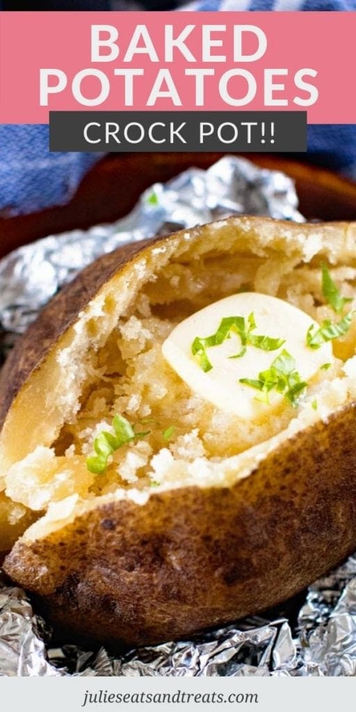 Baked potato in aluminum foil cut open and topped with a pad of butter
