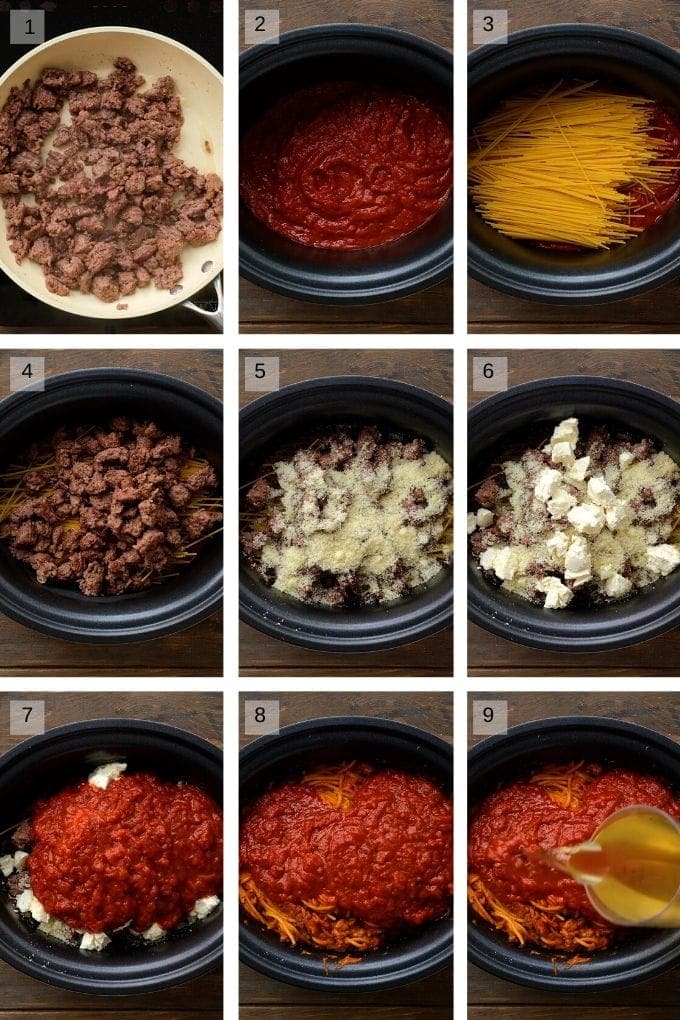Nine image collage showing steps to make spaghetti in crock pot