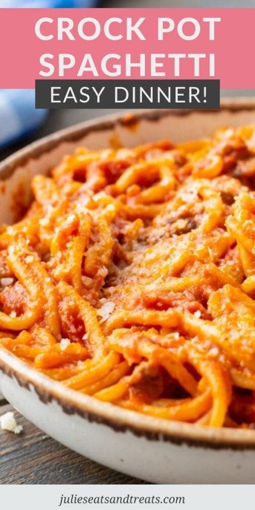 Image for Pinterest with text overlay on top saying Corkc Pot Spaghetti Easy Dinner and image below of spaghetti in bowl