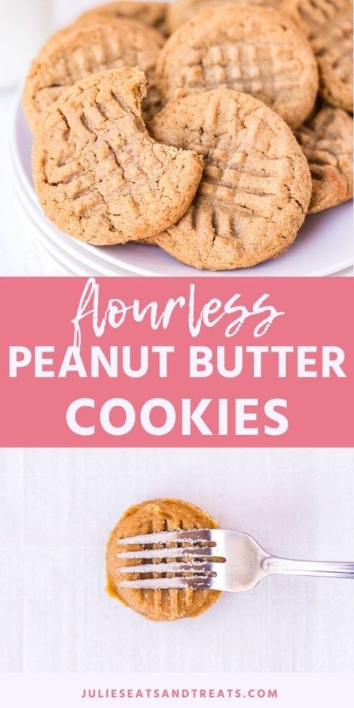 Pin Collage for Gluten Free Peanut Butter Cookies. Top image of a plate full of peanut butter cookies one of which has a bite out of it, bottom image of peanut butter cookie dough being marked with a fork