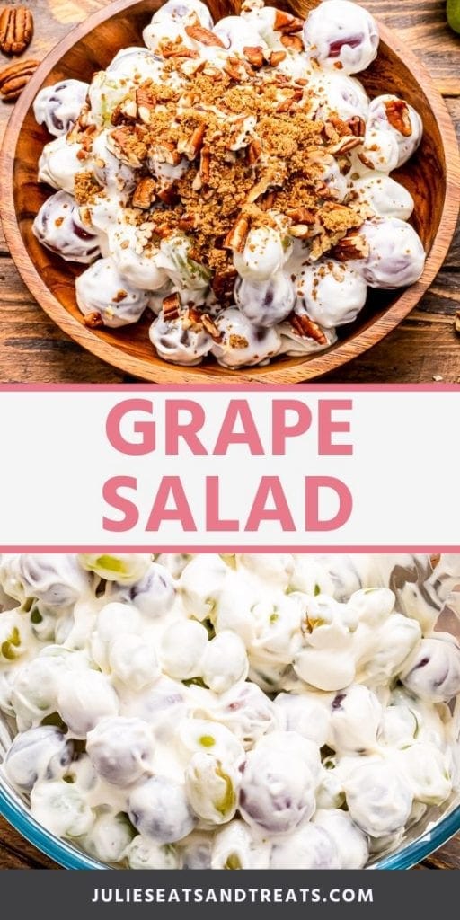 Image for Pinterest one photo on top showing finished bowl of grape salad then a text overlay with title of recipe and then grapes in creamy sauce in bottom photo