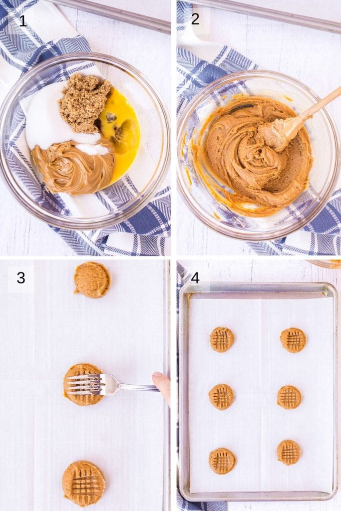 Four Image Collage showing mixing dough and scooping onto baking sheet