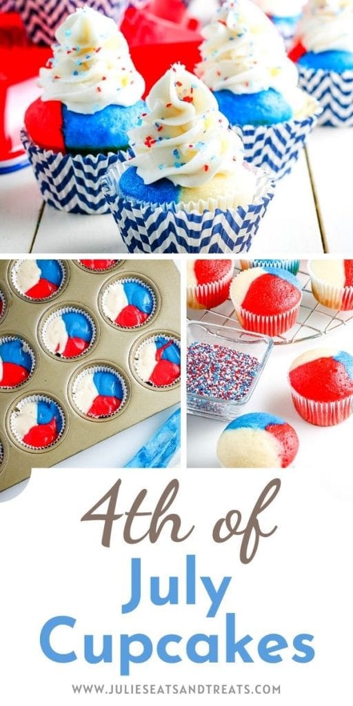 Image for pinterest. Collage of three photos showing red white and blue cupcakes and text on the bottom stating 4th of July Cupcakes