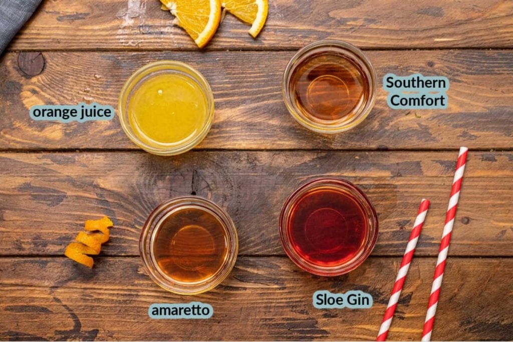 Ingredients for Alabama Slammer including orange juice amaretto slow gin and southern comfort