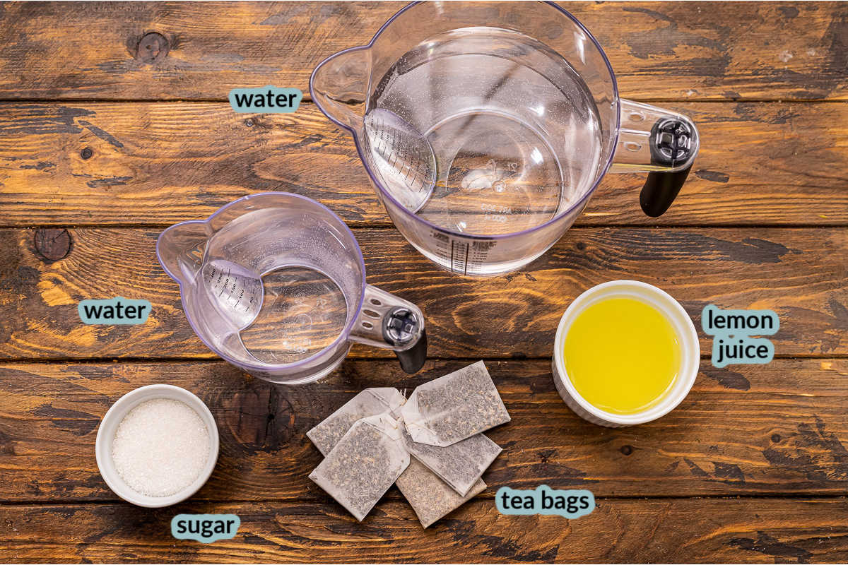 Ingredients needed to make Arnold Palmer like tea bags water lemon juice sugar
