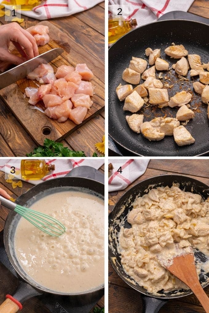 Collage of four images showing cutting and browning chicken breast making alfredo sauce and combining sauce and chicken