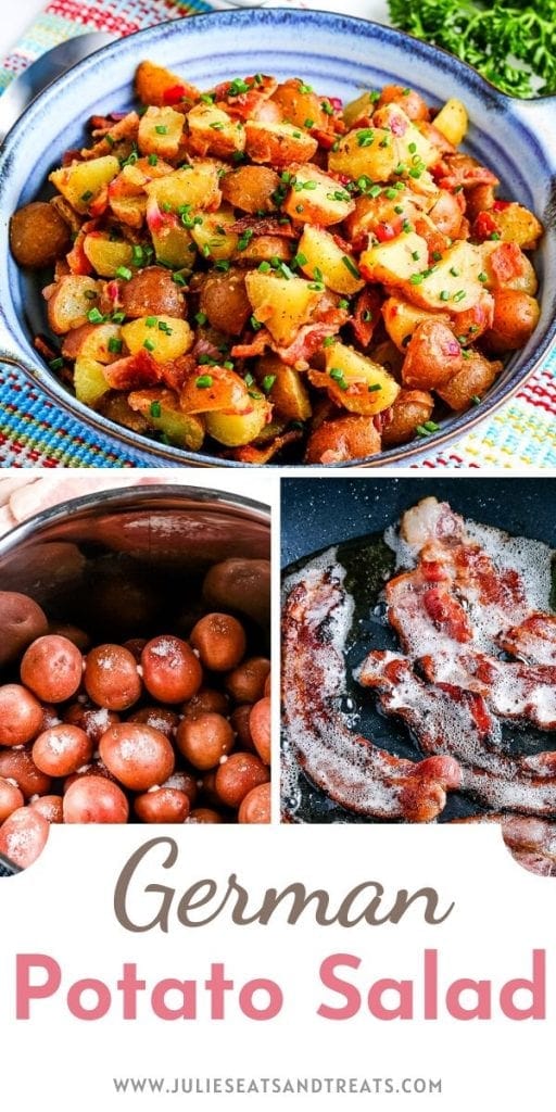 Pin Image with top image of German potato salad in blue bowl, another image of red potatoes in stock pot and another with bacon in skillet frying. The bottom has a text overlay of recipe title.