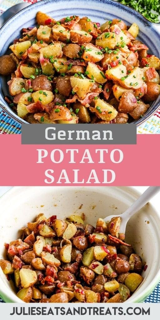 Pin Collage with a blue plate of German Potato Salad on top, text overlay of recipe name in the middle and the bottom showing salad in a white mixing bowl with spoon