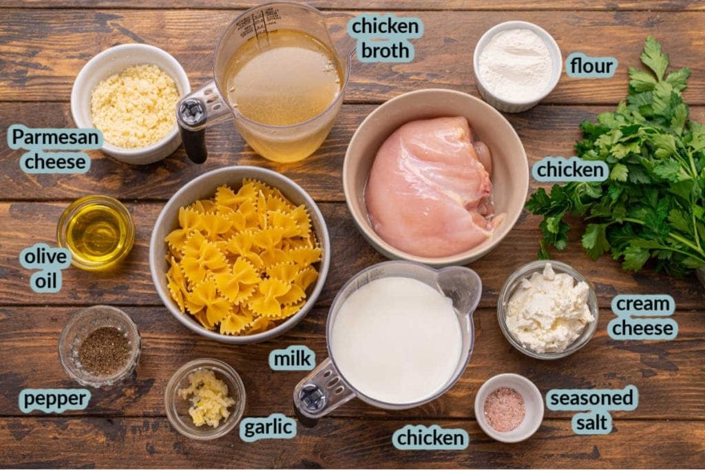 Ingredients for chicken alfredo including pasta chicken garlic chicken broth and more