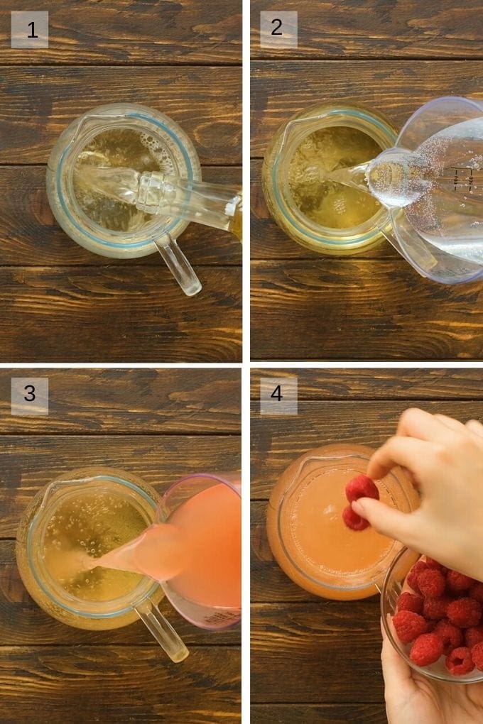 Collage of four images showing pouring moscato, pink lemonade and lemon-lime soda into pitcher then adding rasperries.