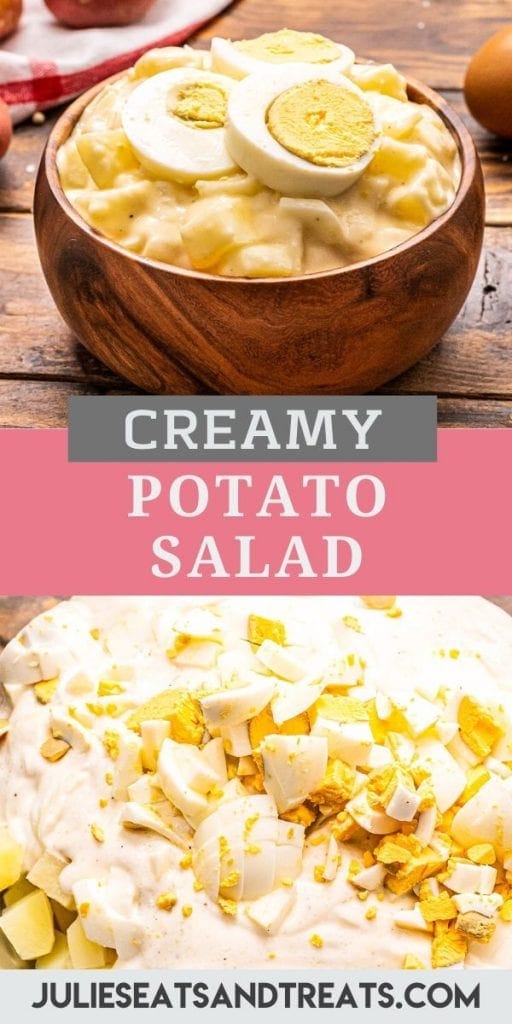 Pinterest Image for Potato Salad. Top has a photo of a bowl of potato salad, middle is a text overlay of recipe name and bottom features ingredients before mixing together for salad.