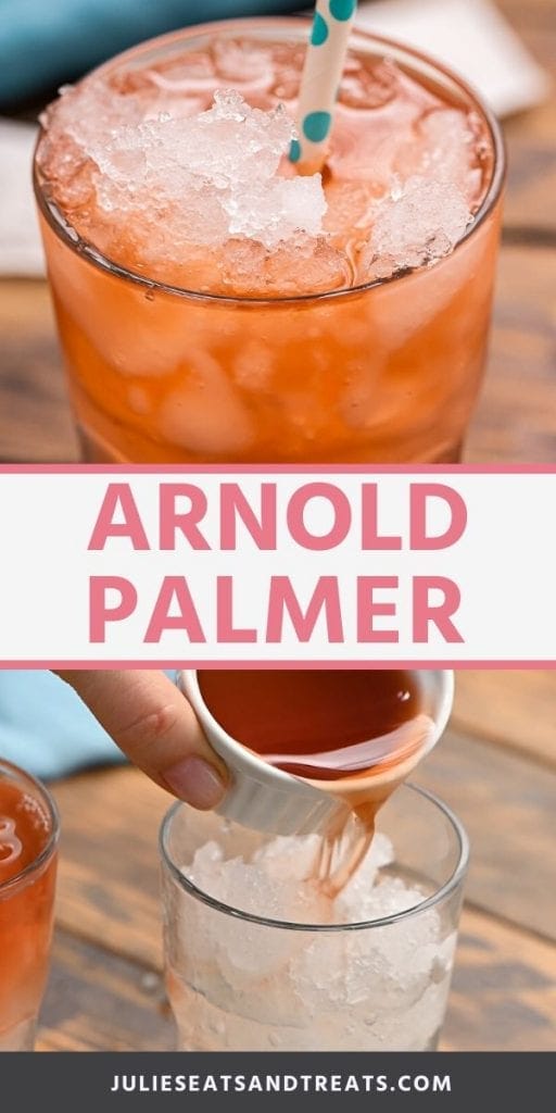 Pin Collage for Arnold Palmer. Top image of arnold palmer drink in a glass with a straw, bottom image of ingredients being poured into a glass of ice