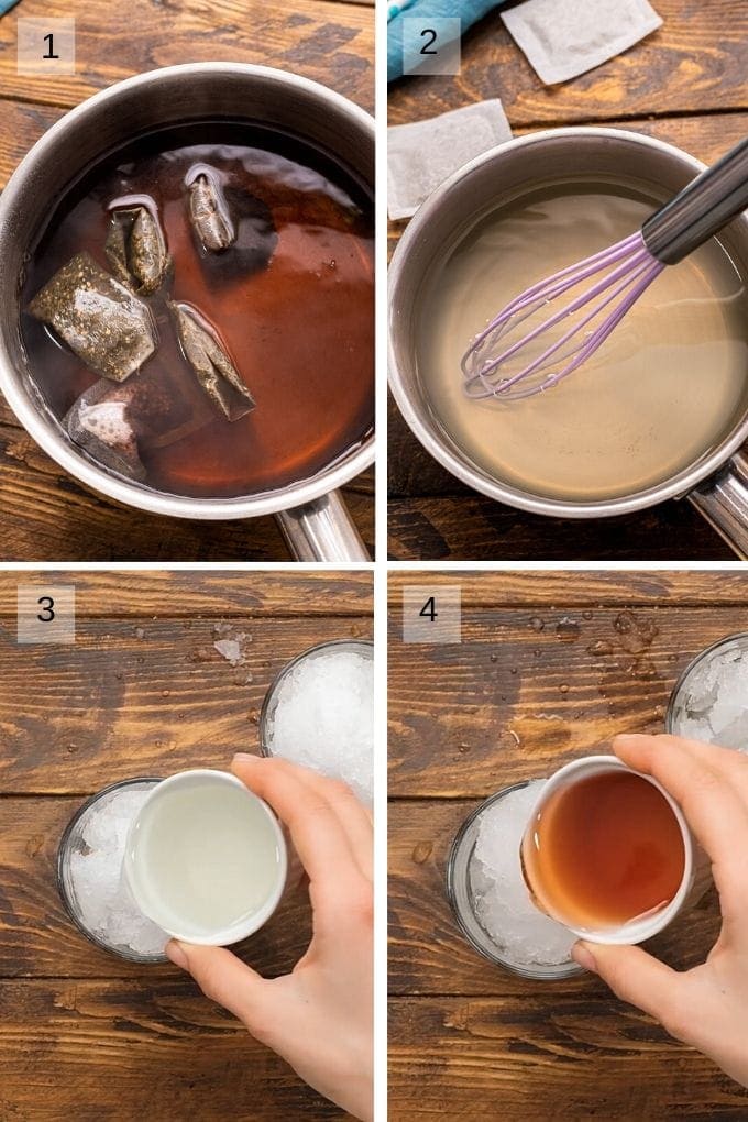 Four image collage showing making tea making lemonade and mixing in a glass