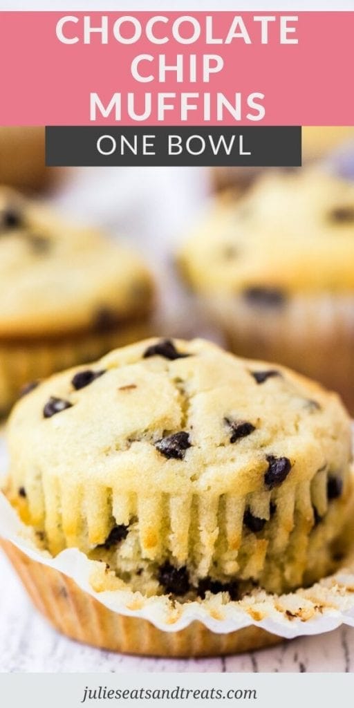 Pin Image for Chocolate Chip Muffins. A partially unwrapped chocolate chip muffin on a table