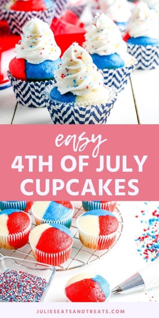 Image for Pinterest. Top has image of finished 4th of July cupcakes middle is text layer with name of recipe and bottom is red white and blue cupcakes without frosting