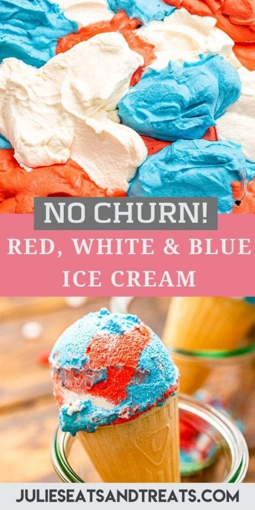 Pin Image for Red White and Blue Ice Cream. Top image has a picture of ice cream in baking dish, text overlay of the recipe name in middle and bottom photo has it in a cone.