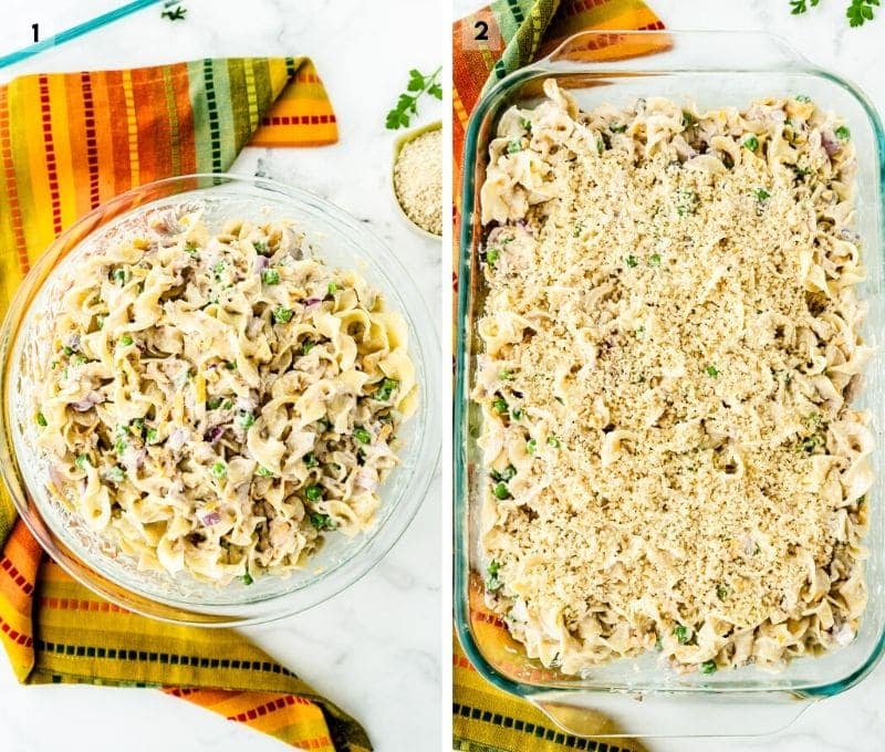 Two image collage of mixing bowl of ingredients and casserole in pan