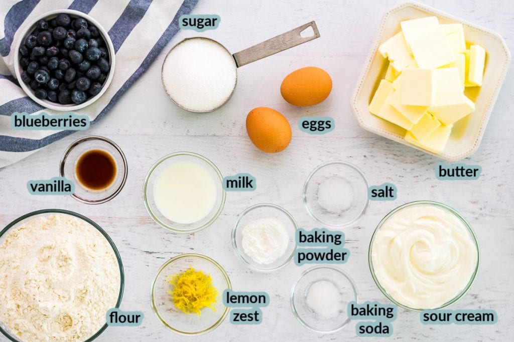 Ingredients needed to make blueberry muffins like butter eggs blueberries flour and more