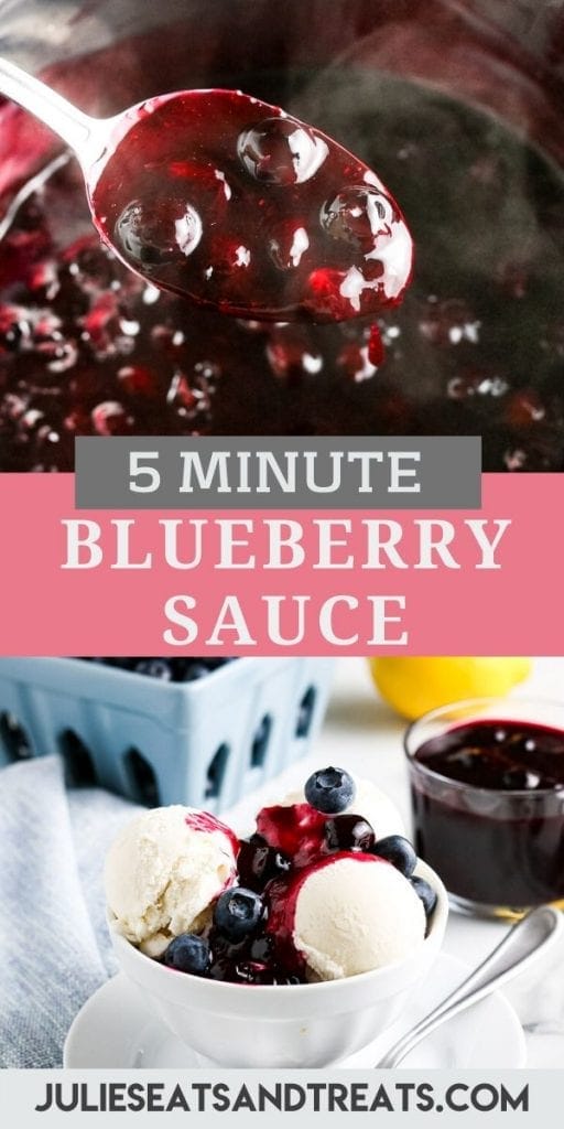 Pinterest image for blueberry sauce. Top photo of a spoon of sauce, middle is a text layer of recipe name and bottom is a bowl of vanilla ice cream topped with sauce.
