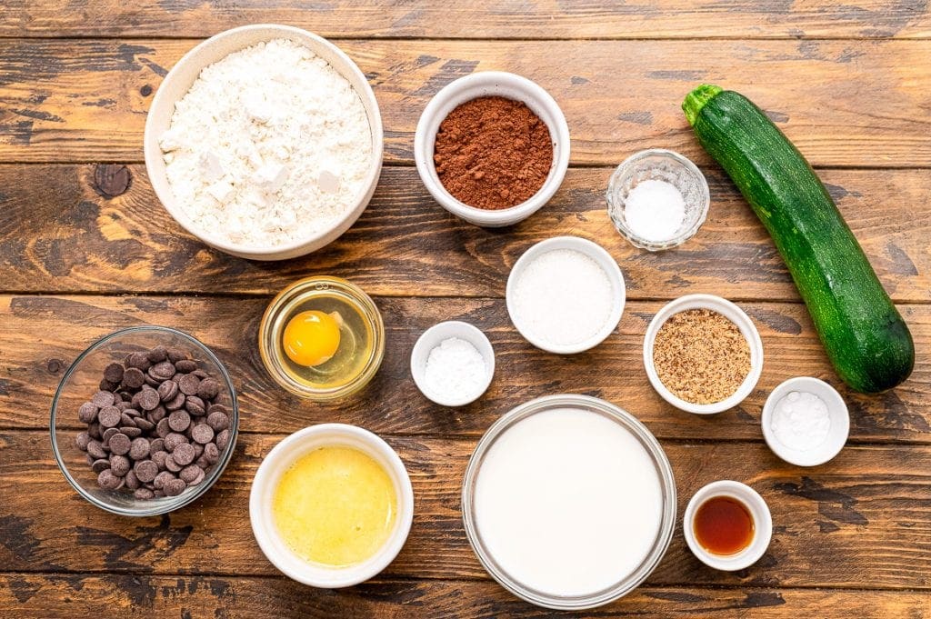 Overhead image of ingredients for chocolate zucchini muffins.