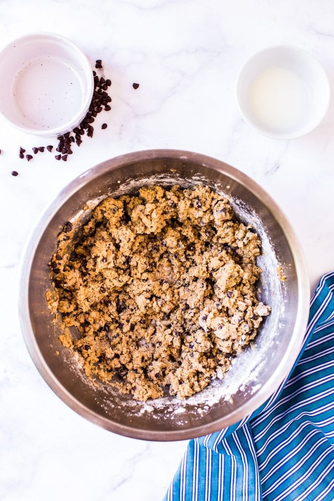 Overhead image of cookie dough being mixed