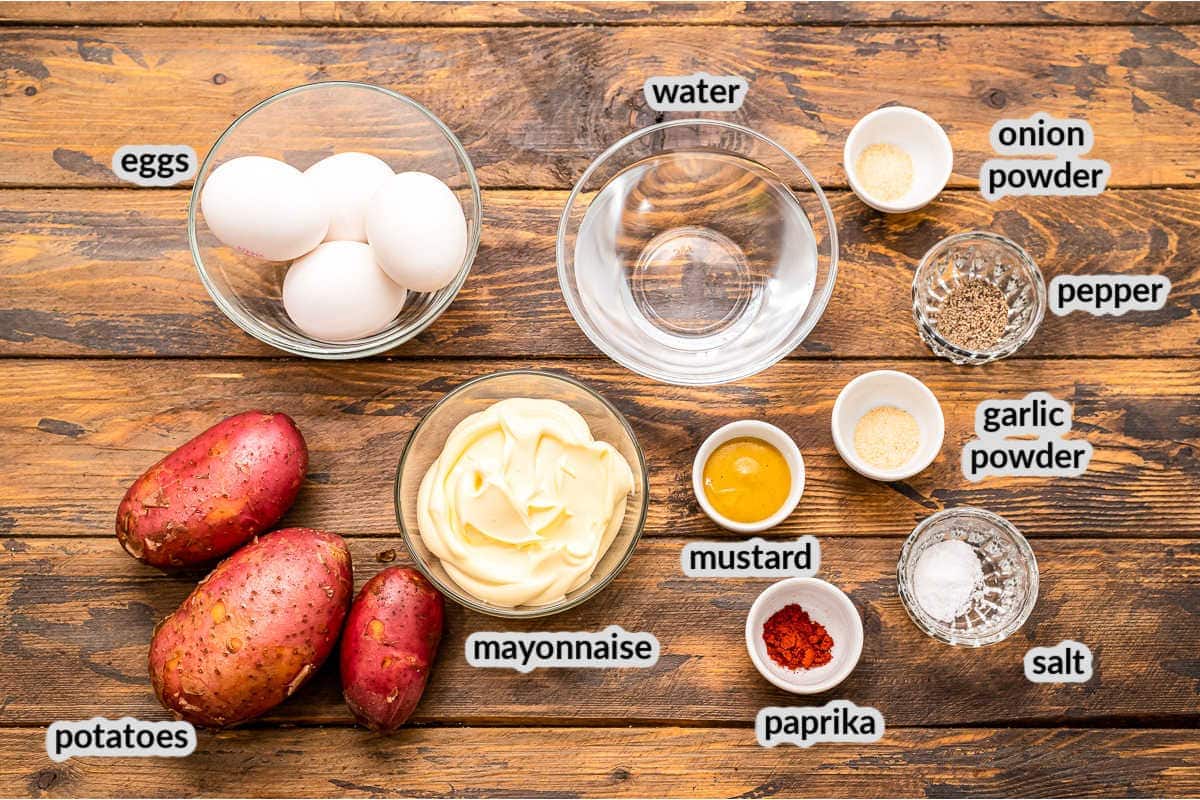 Overhead image of ingredients to make Instant Pot Potato Salad