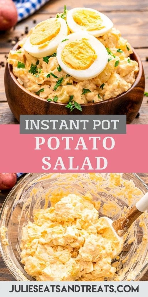 Pin Image for Instant Pot Potato Salad with photo of potato salad in a wooden bowl on top, text overlay of recipe name in the middle and the bottom of glass bowl when mixing potato salad.