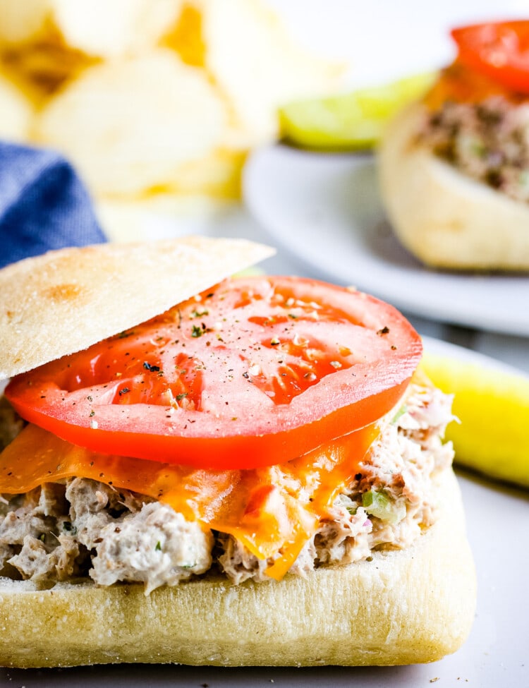 A sandwich topped with tuna filling, cheese slice and tomato slice