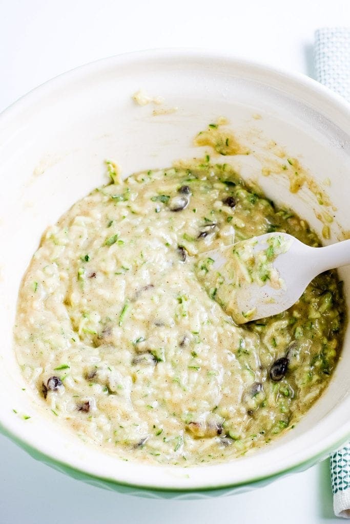 Bowl of zucchini muffin batter after combining.