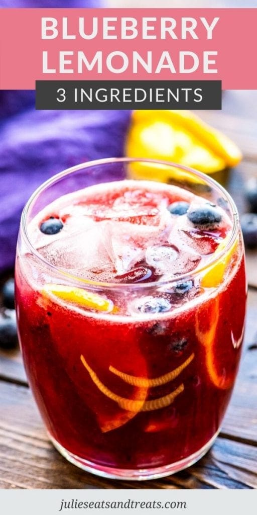 Pinterest Image with text overlay of Blueberry Lemonade at top and a bottom of a glass full of drink on bottom.