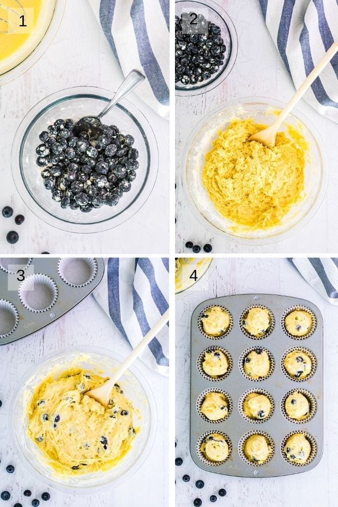 Collage of four images showing blueberries tossed in flour batter for muffins mixed then blueberries added to it and then in muffin pan