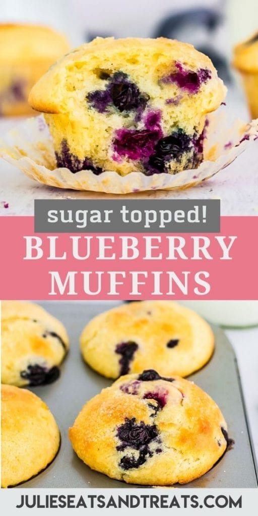 Blueberry Muffin unwrapped with a bite out of it on top, blueberry muffins in the baking tin on the bottom with a pink and gray banner reading "sugar topped blueberry muffins"
