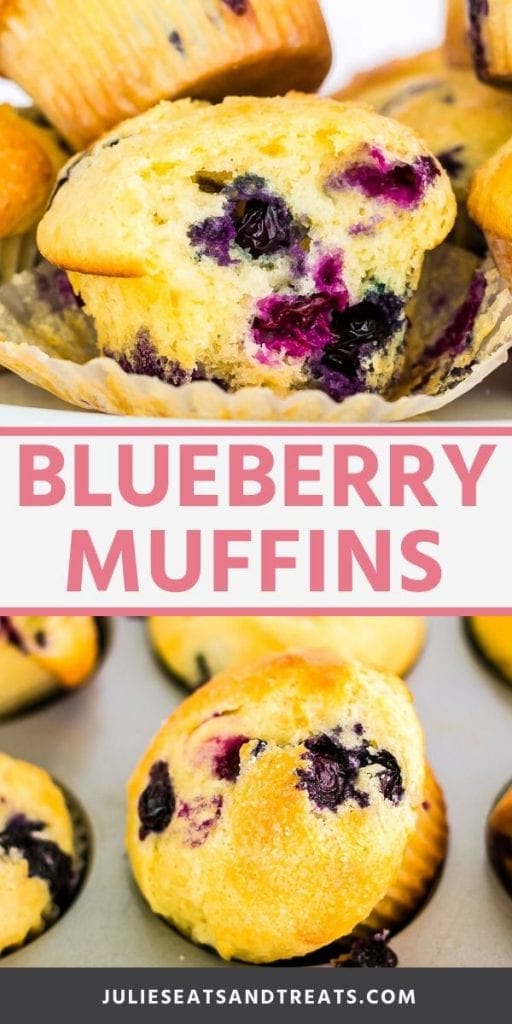 Top image of an unwrapped blueberry muffin with a bite out of it from the side. Bottom image of blueberry muffins in the baking tin.