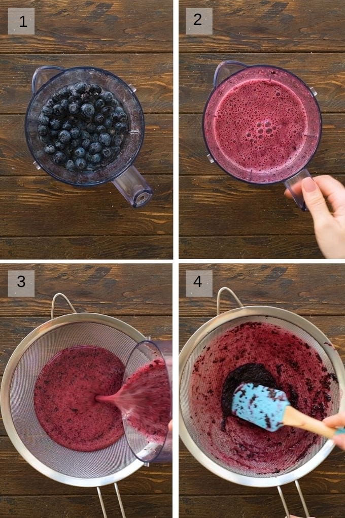 Collage of four images showing how to blend blueberries, strain them for blueberry lemonade