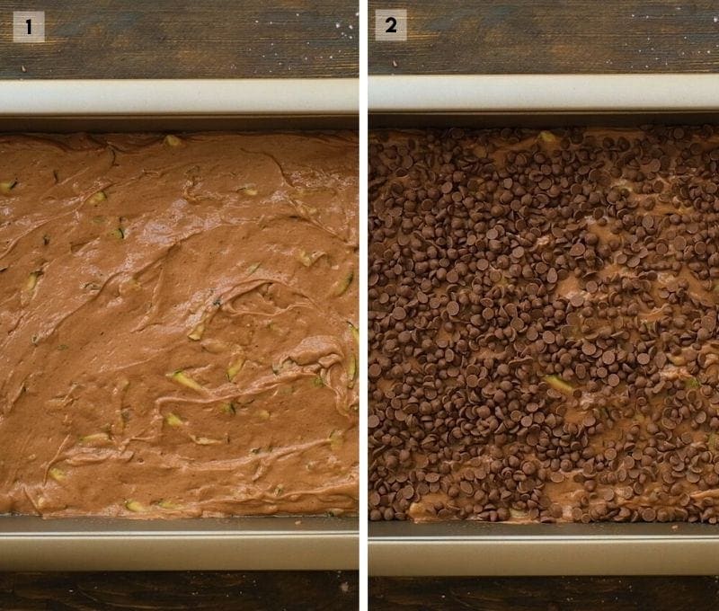 Collage of two photos showing cake batter in pan and then a second photo next to it showing it sprinkled with chocolate chips.