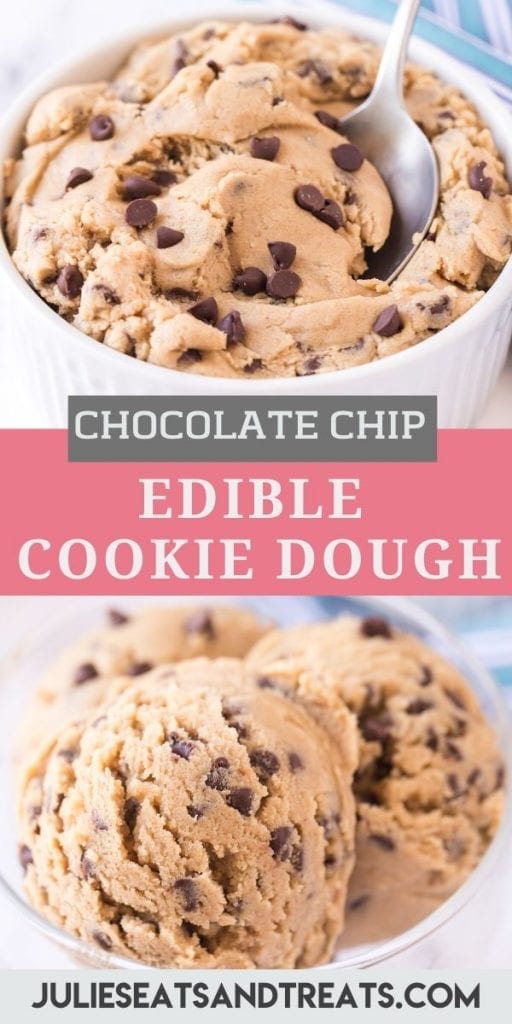 Pinterest Image Collage for Edible Cookie Dough with top being a white bowl of cookie dough with spoon in it, text overlay of recipe name in middle and bottom of scoops of cookie dough in glass bowl.